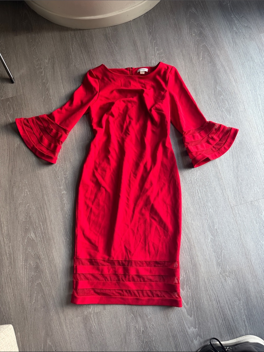 Women's Red Bell-Sleeve Sheath Dress with mesh accents